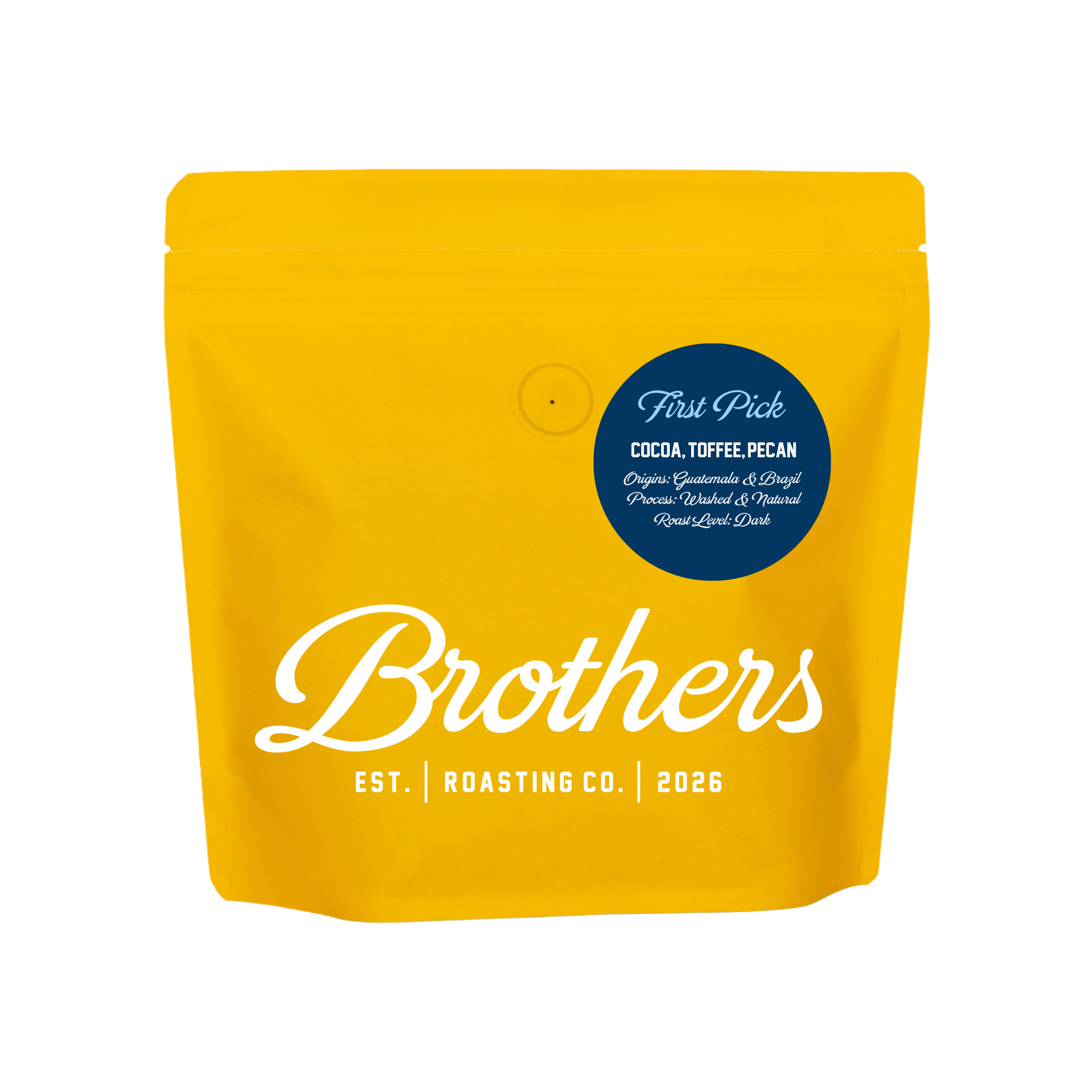 A bright yellow stand-up pouch of Brothers Coffee Roasting Co. on a plain white background.